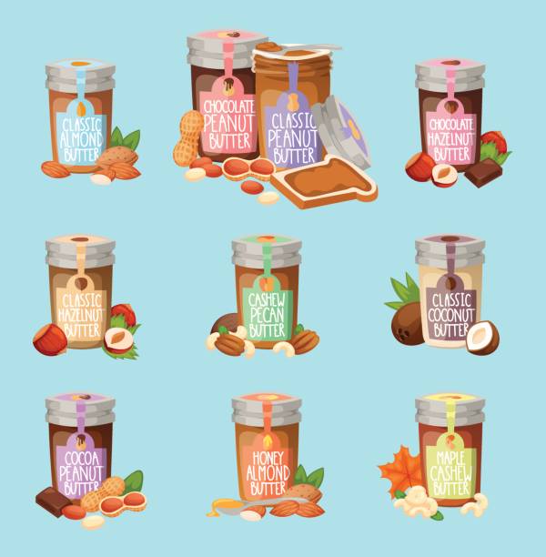 Nut butter vector illustration Home made nuts butters peanuts, coconut, almonds, hazelnuts breakfast delicious spread. VEctor set of nuts butter bottles smooth protein. Eat yummy ingredient jar nuts butter american topping. almond butter stock illustrations