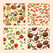 Nut vector seamless pattern nutshell of hazelnut or walnut and almond nuts backdrop set nutrition with cashew peanut and chestnuts nutmeg illustration background.