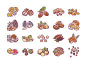 Nuts and seeds color line icons set. Nuts are the hard-shelled fruit of certain plants. Seeds are a small edible plant enclosed in a seed coat. Pictogram for web page, mobile app. Editable stroke