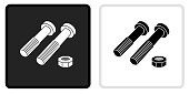 Nuts & Bolts Icon on  Black Button with White Rollover. This vector icon has two  variations. The first one on the left is dark gray with a black border and the second button on the right is white with a light gray border. The buttons are identical in size and will work perfectly as a roll-over combination.