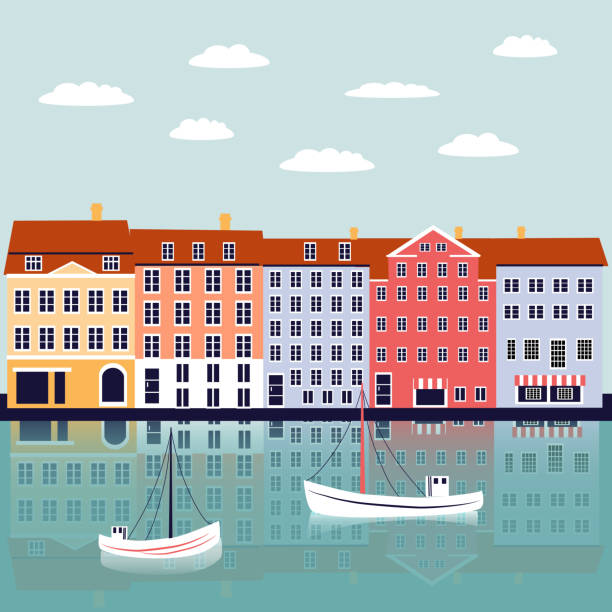 nyhavn 哥本哈根丹麥地標向量卡通插圖, 丹麥裝飾平面背景, 五顏六色的河流建築, 建築歷史景觀景點, 旅遊觀光景觀 - copenhagen 幅插畫檔、美工圖案、卡通及圖標