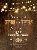 Rustic Country and western invitation design template with string lights. Sample text design. Easy layers for customizing.