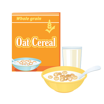 Cute Illustration of a bowl of oat cereal and milk. Done in flat colors on a transparent background. File includes both an EPS vector file and a high-resolution jpg.