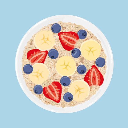 Oat flakes in a bowl with banana, blueberries and strawberries, isolated. Top view. Vector hand drawn illustration.