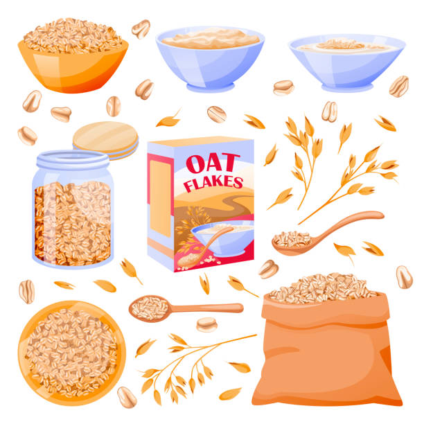 Oats cereal grain in sack. Oatmeal porridge in glass jar and bowl. Vector illustration. Breakfast food design elements Oats cereal ears, grain in sack. Oatmeal porridge in glass jar and bowl. Vector flat cartoon illustration. Breakfast food design elements, isolated on white background breakfast cereal stock illustrations