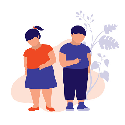 Obesity Children. Health And Body Conscious Concept. Vector Flat Cartoon Illustration.