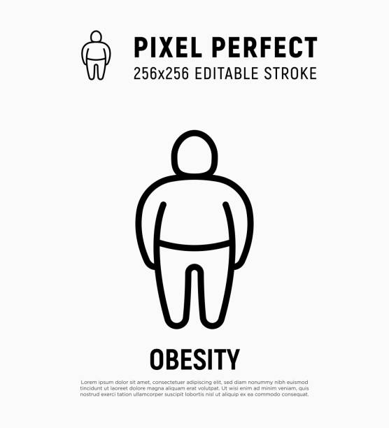 Obesity thin line icon. Overweight, unhealthy body, dieting. Chubby man. Pixel perfect, editable stroke. Vector illustration. Obesity thin line icon. Overweight, unhealthy body, dieting. Chubby man. Pixel perfect, editable stroke. Vector illustration. obesity stock illustrations