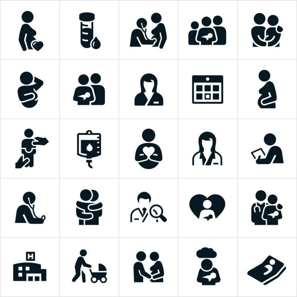 A set of obstetrician and pregnancy icons. The icons show pregnancy, pregnant woman, healthcare, doctor, nurse, obstetrician, new born baby, family, couples and other related icons.
