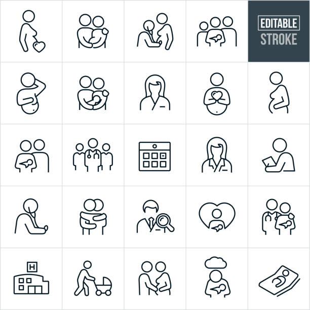 A set of obstetrician and pregnancy icons that include editable strokes or outlines using the EPS vector file. The icons include a pregnant woman an a heart, a pregnant couple holding each other, a doctor using a stethoscope to listen to the stomach of a pregnant woman, a family of three with one being a newborn held in his mothers arms, a pregnant woman showing her pregnant belly, a couple lovingly holding a newborn, nurse, team of medical professionals, calendar to represent due date, female doctor, doctor holding stethoscope, two people hugging, doctor search, new mother holding her baby with heart in background, hospital, mother pushing baby carriage, father feeling the pregnant stomach of his wife, postpartum depression and a pregnant woman in bed to name a few.