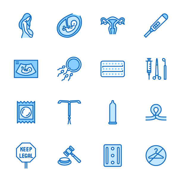 Obstetrics clinic flat line icons set. Abortion protest, baby ultrasound, embryo, fetus, pregnant woman, contraception vector illustrations. Outline medical signs. Pixel perfect 64x64 Editable Stroke Obstetrics clinic flat line icons set. Abortion protest, baby ultrasound, embryo, fetus, pregnant woman, contraception vector illustrations. Outline medical signs. Pixel perfect 64x64. Editable Stroke abortion clinic sign stock illustrations