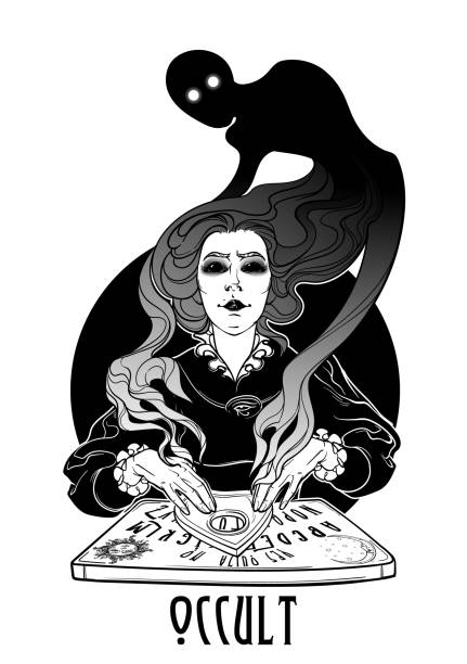 Occult practices. Victorian woman talking to spirits of the death with help of ouija. Black and white drawing isolated on white background. Occult practices. Victorian woman talking to spirits of the death with help of ouija. Black and white drawing isolated on white background. EPS10 vector illustration. ouija board stock illustrations