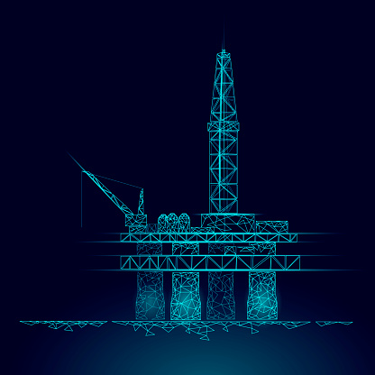 Ocean oil gas drilling rig low poly business concept. Finance economy polygonal petrol production. Petroleum fuel industry offshore extraction derricks line connection dots blue vector illustration