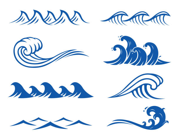 Ocean Waves Vector ocean wave set. Including eight wave symbols. water symbols stock illustrations