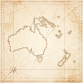 Map of Oceania in vintage style. Beautiful illustration of antique map on an old textured paper of sepia color. Old realistic parchment with a compass rose, lines indicating the different directions (North, South, East, West) and a frame used as scale of measurement. Vector Illustration (EPS10, well layered and grouped). Easy to edit, manipulate, resize or colorize. Please do not hesitate to contact me if you have any questions, or need to customise the illustration. http://www.istockphoto.com/portfolio/bgblue