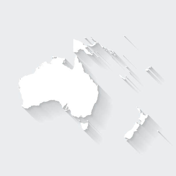 White map of Oceania isolated on a gray background with a long shadow effect and in a flat design style. Vector Illustration (EPS10, well layered and grouped). Easy to edit, manipulate, resize or colorize.