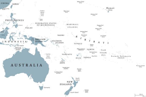 Oceania political map Oceania political map with countries. English labeling. Region, comprising Australia and the Pacific islands with the regions Melanesia, Micronesia and Polynesia. Gray illustration over white. Vector. pacific ocean stock illustrations