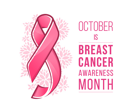 October is Breast cancer awareness month text and pink ribbon sign on abstract flower texture background vector design