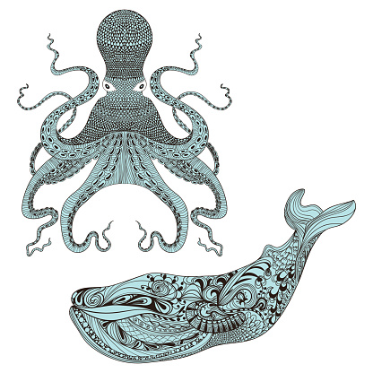 Octopus and Whale. Hand Drawn lace vector ill