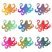 Octopus in nine different gradient colors illustration. On an isolated white background. For print and web pages.
