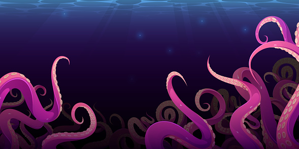 Octopus tentacles in dark ocean water, kraken