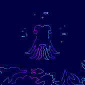 Octopus Vector Line Illustration. Marine Life, Underwater World, Sea Creature Gradient Icon, Symbol or Pictogram, Sign. Dark Blue Background. Related Bottom Border.