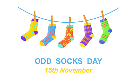 Odd socks day. Anti bullying week banner. Different colorful odd socks hanging on the rope. Vector cartoon illustration.