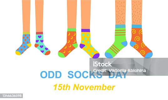 istock Odd socks day anti bullying week banner. Man, woman, and children feet in different colorful crazy socks. Vector flat illustration 1346636598