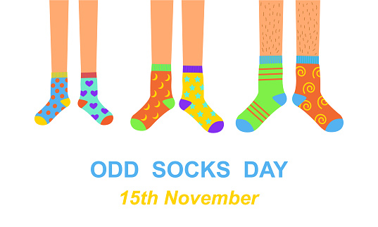 Odd socks day anti bullying week banner. Man, woman, and children feet in different colorful crazy socks. Vector flat illustration.