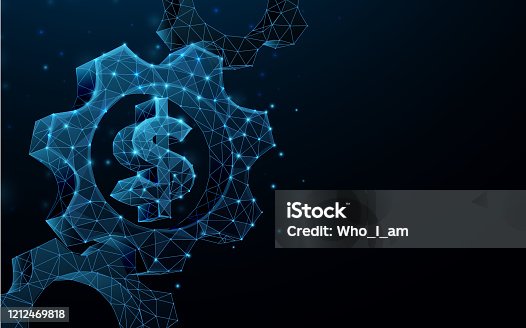 istock 3D of gears with money sign from wireframe form. Technology and engineering. Vector illustration 1212469818