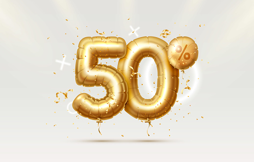 50 Off. Discount creative composition. 3d Golden sale symbol with decorative objects, heart shaped balloons, golden confetti, podium and gift box. Sale banner and poster. Vector