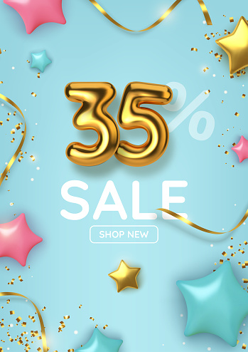35 off discount promotion sale made of realistic 3d gold balloons with stars, sepantine and tinsel. Number in the form of golden balloons.  Vector
