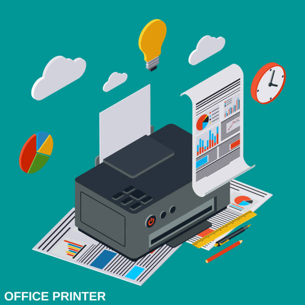 Office and home printer vector illustration Office and home printer flat 3d isometric vector illustration ftx level2 stock illustrations
