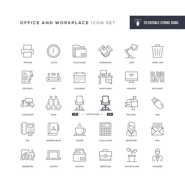 office- und workplace editable stroke line icons - taschenrechner stock-grafiken, -clipart, -cartoons und -symbole