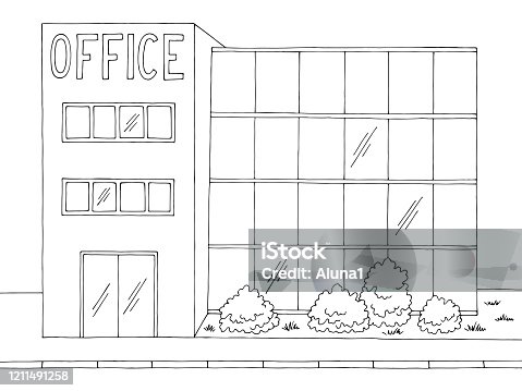 istock Office building exterior front view graphic black white sketch illustration vector 1211491258