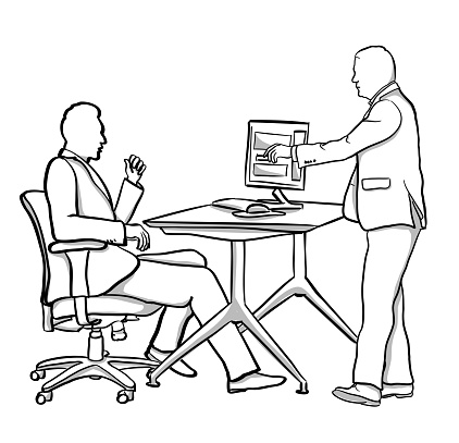 Friendly co-workers talking in the office.  One is sitting and listening while the other businessman is standing and talking to him.  They are both wearing a suit.  Vector illustration in sketch vector