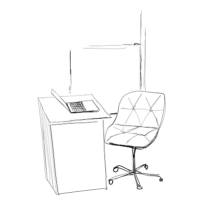 office chair and desk with a laptop. sketch style