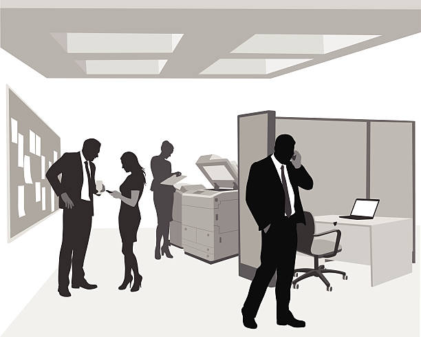 Office Communication A vector silhouette illustration of a busy office.  A business man walks talking ona cell phone.  A business man and woman have a conversation.  And a business woman uses the photocopier in the background. office silhouettes stock illustrations