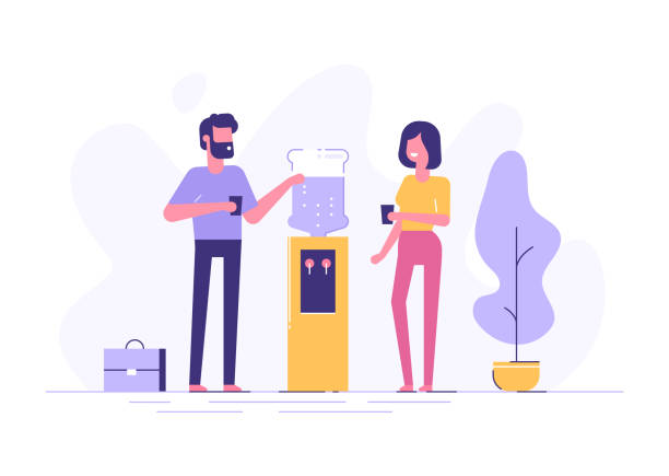Office cooler chat. Vector flat character design on man and woman talking to each other near office water cooler. Office cooler chat. Vector flat character design on man and woman talking to each other near office water cooler. gossip stock illustrations