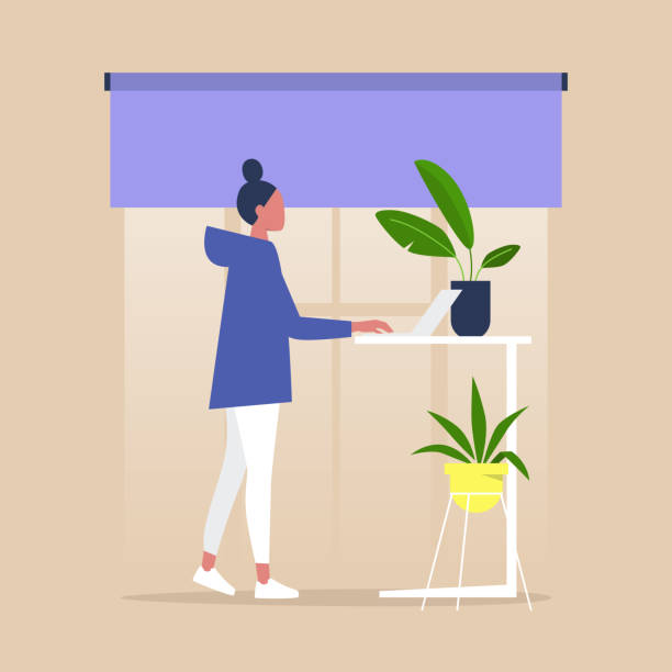 Office furniture, female standing character working at the adjustable desk, millennial lifestyle Office furniture, female standing character working at the adjustable desk, millennial lifestyle laptop silhouettes stock illustrations