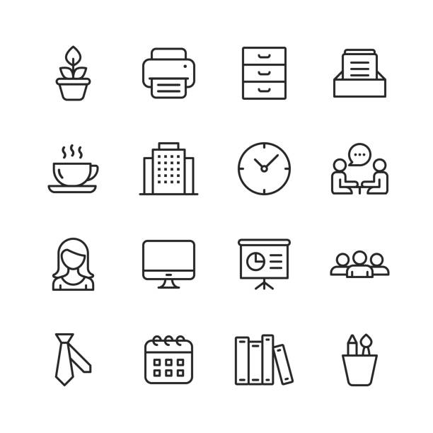 Office Icons. Editable Stroke. Pixel Perfect. For Mobile and Web. Contains such icons as Office, Plant, Printer, Office Tools, Conversation, Meeting, Coffee, Chart. 16 Office Outline Icons. computer printer stock illustrations