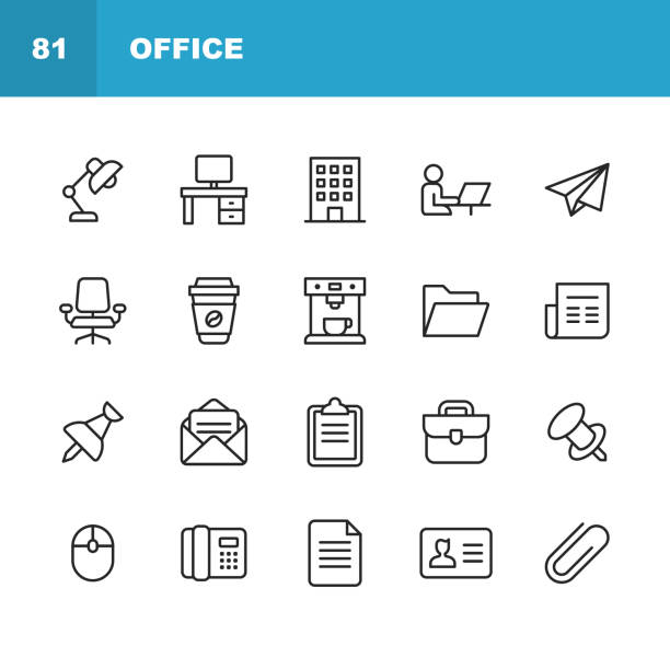 사무실 아이콘입니다. 편집 가능한 스트로크입니다. 픽셀 완벽한. 모바일 및 웹용. 사무실 책상, 사무실, 의자, 커피, 문서, 컴퓨터 마우스, 클립 보드, 빛, 메시징, 통신, 이메일, 명함 등의 아이� - office stock illustrations