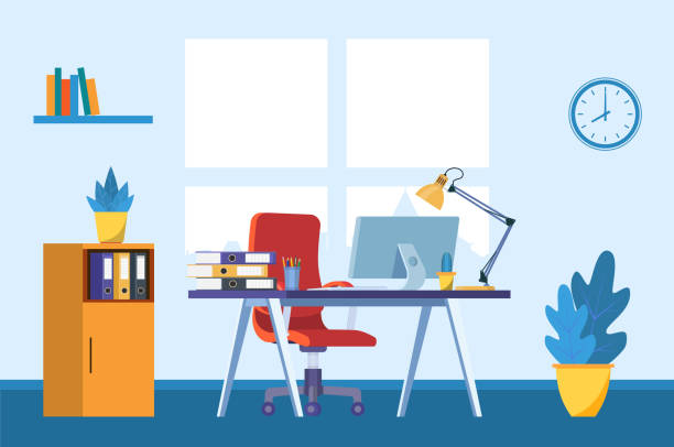 Office interior. Business workplace Office interior. Business workplace. Modern office room with window, desk and computer. Vector illustration in flat style office backgrounds stock illustrations