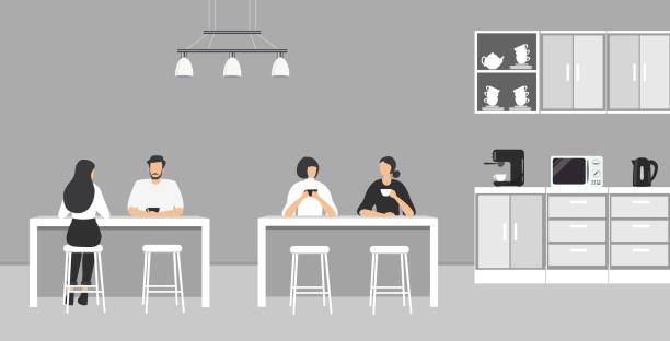Office kitchen. Dining room in the office. Office workers are sitting at the table vector art illustration