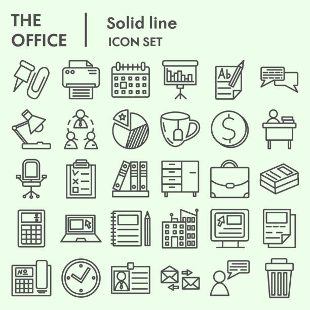 Office line icon set. Company symbols collection or sketches. Business sign for web and mobile concept, linear style pictogram package isolated on white background. Vector graphic. Office line icon set. Company symbols collection or sketches. Business sign for web and mobile concept, linear style pictogram package isolated on white background. Vector graphic plan document clipart stock illustrations