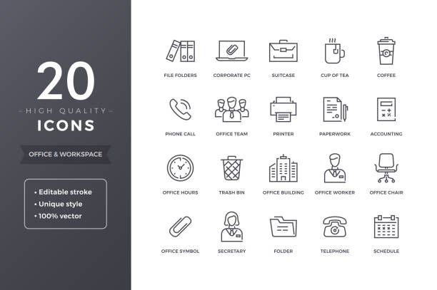 Office Line Icons Office and business line icons.  Workspace and workplace thin icon set with editable stroke modern office stock illustrations