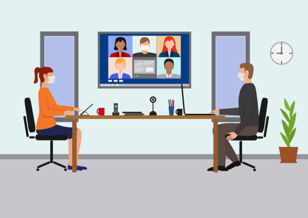 stockillustraties, clipart, cartoons en iconen met office-vergadering met videoconferentie, - windows laptop table