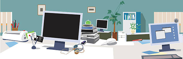 Office open space Managers and clerks jobs place. Vector hot desking stock illustrations