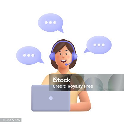 istock Office operator with headset talking with clients. Customer service, call center, hotline, customer support department staff concept. 3d vector people character illustration. Cartoon minimal style. 1405377469