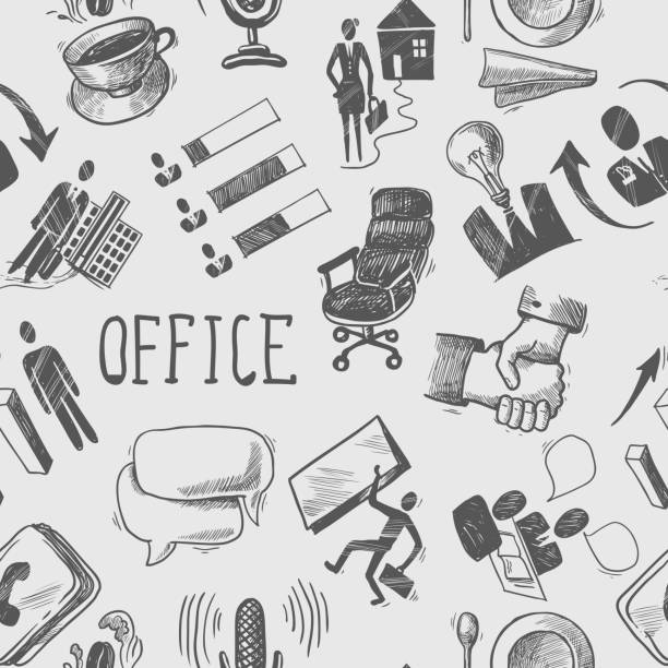 Office business sketch black and white seamless pattern with coffee...