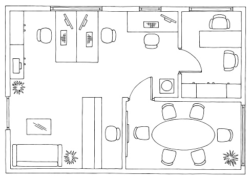 Office plan architecture floor interior furniture graphic black white sketch illustration vector